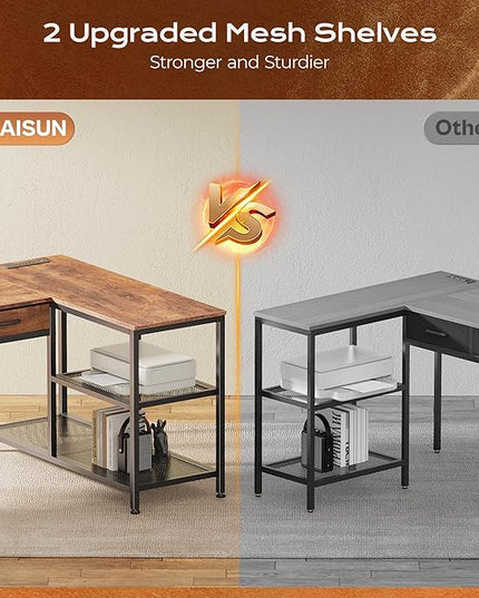 PRAISUN 55 Inch L Shaped Office Desk with Power Outlets and Type-C Port, Large Computer Gaming Desk with 3 Fabric Drawers, Mesh Shelves, Corner Study Work Writing Desk, Rustic Brown