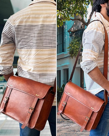 RUSTIC TOWN Leather Messenger Bag for Men Women - Full Grain Leather Laptop Satchel Office Shoulder Bag