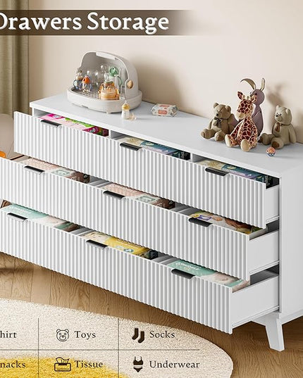 BORNOON 63" Long Dresser for Bedroom, 9-Drawer Fluted Dresser, Extra-Wide Wood Chest of Drawers with Smooth Metal Slides, Stable Base, Modern Clothes Storage Cabinet for Living Room, Hallway, Nursery
