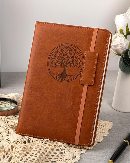 CAGIE Leather Lined Journal Notebooks for Work Tree of Life Journals for Writing, College Ruled Notebook with 256 Pages, 5.7"x8.3", Brown