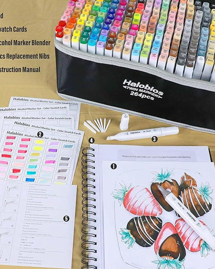 264 Alcohol Markers, Dual Tip Fine & Broad Drawing Markers Alcohol Marker Set with Case, Art Marker for Adults Coloring Artists Drawing Sketching Card Making and Illustration