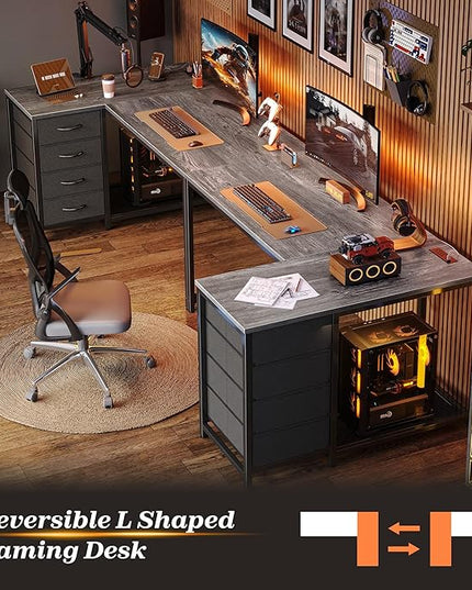 PRAISUN 43.3" Small Computer Desk with Power Outlets and USB-C Port, Reversible L Shaped Corner Office Desk with 4 Fabric Drawers and 2 Height-Adjustable Shelves, for Gaming Writing, Grey