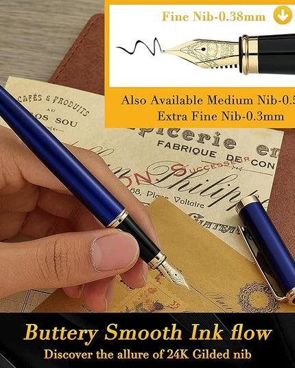 BEILUNER Blue Fountain Pen,Stunning Luxury Pens with 24K Gold Finish, Gorgeous 24K Gilded Nib(Fine), Trustworthy Pen Gift for Men&Women -Ink Converter-Elegant, Graduation,Nice Pen for Writing