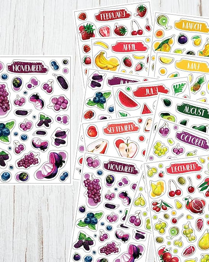 Monthly Calendar Planner Stickers - 12 Transparent Sticker Sheets with Beautiful Fruit Illustrations, Undated Calendar Stickers, Supplies for Planners or Bullet Journals