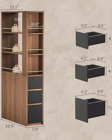 Bookcase with 3 Drawers and Storage Shelves, 71''Tall Corner Bookshelf with 3 Tier Open Double-Sided Design, Multi Functional Organizer, Wood Bookshelves for Home/Office, Black Walnut