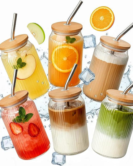 6 Packs Ribbed Glass Tumbler with Lid and Straw Ice Coffee Cup 16 oz Employee Christmas Appreciation Gift Idea Bulk Team Boss End Year Work Office Staff Coworker Team Group Colleague Teamwork Thank