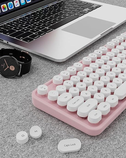 Wireless Keyboard and Mouse Combo, Ergonomic Full Size Typewriter Retro Round Keycaps Keyboard, Compatible with Windows, PC, Perfer for Home and Office Keyboards (Lovely Pink)