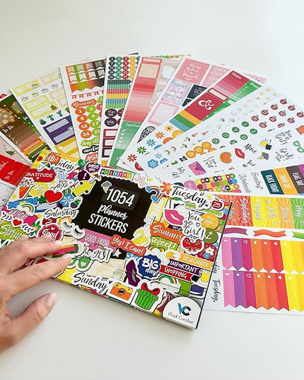 Vladi Creative Planner Stickers - 1054 Pieces, 15 Sheets, Decorative & Productivity-Boosting Colorful Stickers for Journals, Calendars, Scrapbooking, Time Management, & DIY Planner Decoration