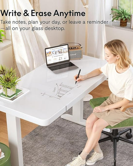 FLEXISPOT Comhar Electric Pure Glass Standing Desk with Drawer Desktop & USB Charge Ports, 48" Ergonomic Height Adjustable Sit to Stand Desk for Home Office (White, Glass)