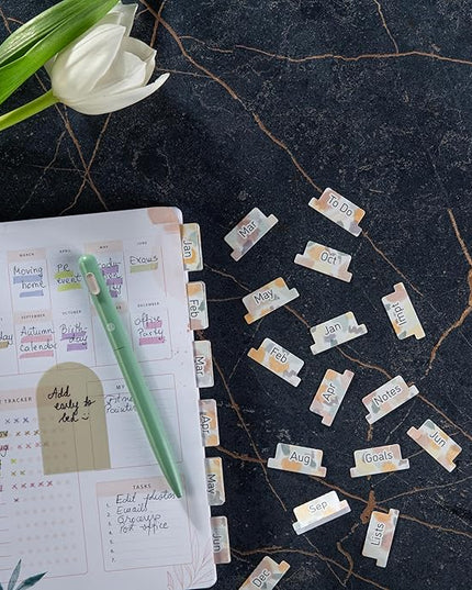 DIVERSEBEE Laminated Planner Monthly Tabs, 24 Peel and Stick Tabs for Notebooks (12 Month Tabs and 4 Blank Tabs), Calendar Monthly Tab Stickers for Planners, Monthly Dividers (Mist) DB117