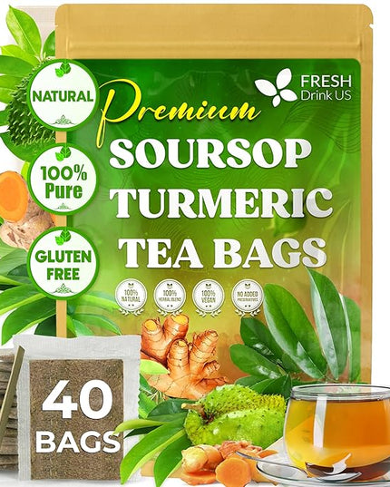 FreshDrinkUS, Premium 40 Soursop Turmeric Tea Bags, 100% Natural, Blend of Soursop Leaves, and Turmeric Root. Made with Natural Material Tea Bags. No Sugar, Vegan.