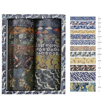 Songdao 12 Rolls Kyoto Charm Washi Tape Set Japanese Arts Adhesive Tapes Geometric Garden Decorative Masking Tape Sets for Craft, Kids, Scrapbook, DIY, Gift Wrapping (Cerulean Showa)