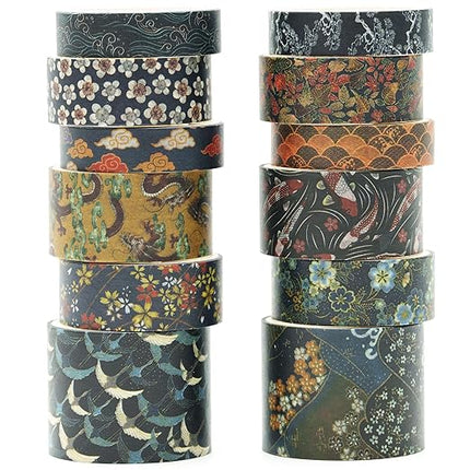 Songdao 12 Rolls Kyoto Charm Washi Tape Set Japanese Arts Adhesive Tapes Geometric Garden Decorative Masking Tape Sets for Craft, Kids, Scrapbook, DIY, Gift Wrapping (Cerulean Showa)