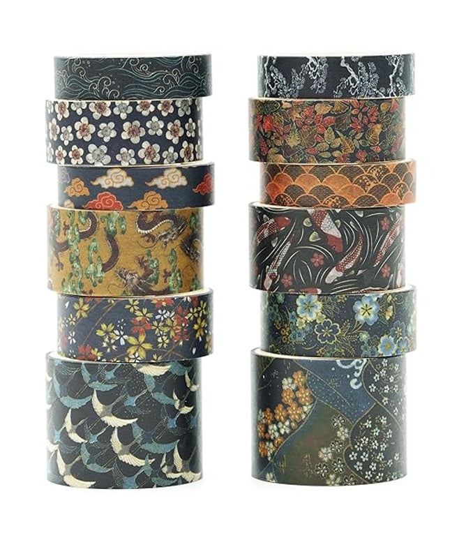 Songdao 12 Rolls Kyoto Charm Washi Tape Set Japanese Arts Adhesive Tapes Geometric Garden Decorative Masking Tape Sets for Craft, Kids, Scrapbook, DIY, Gift Wrapping (Cerulean Showa)