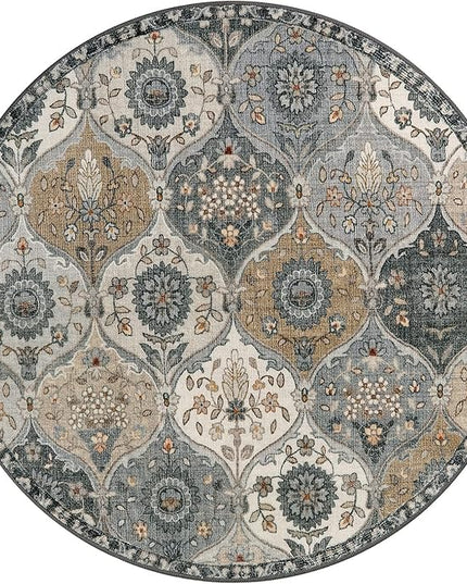 Lahome Moroccan Trellis Washable Round Rugs, Non-Slip Soft Round Rug 4ft Ultra-Thin, Small Vintage Circle Carpet for Entryway Kitchen Bedroom Nursery Bathroom, Grey