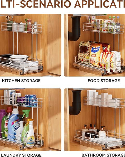 Under Sink Organizer 9"W X18.5"D，Pull Out Cabinet Organizer 2 Tier，Under Sink Slide Out Organizer Chrome Plated, Under Kitchen Bathroom Sink Organizer, Pantry Cabinet Closet Organization Rack, 1 Pack