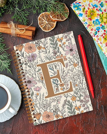 JXREQ Vintage Boho Floral Personalized Notebook, Initial Letter E Notebook Journal, Monogram Notebook, Monogrammed Gifts for Women, Boho Office Supplies, Flower Spiral Notebook 5.5x8.3