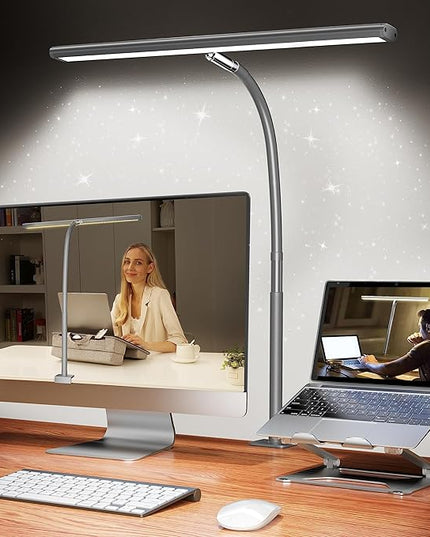 LED Desk Lamp for Office Home, Eye-Caring Desk Light with Stepless Dimming Adjustable Flexible Gooseneck, 10W USB Adapter Desk Lamp with Clamp for Reading, Study, Workbench (Grey)