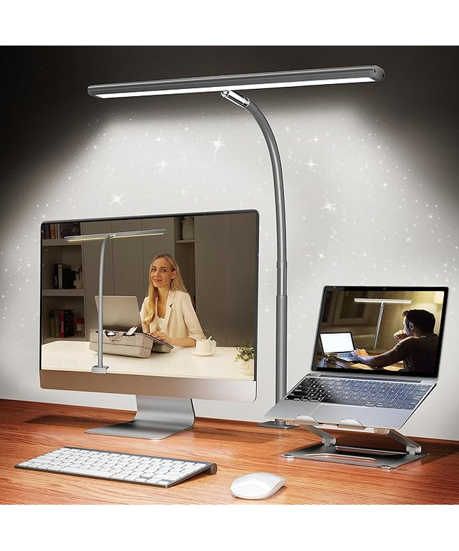 LED Desk Lamp for Office Home, Eye-Caring Desk Light with Stepless Dimming Adjustable Flexible Gooseneck, 10W USB Adapter Desk Lamp with Clamp for Reading, Study, Workbench (Grey)