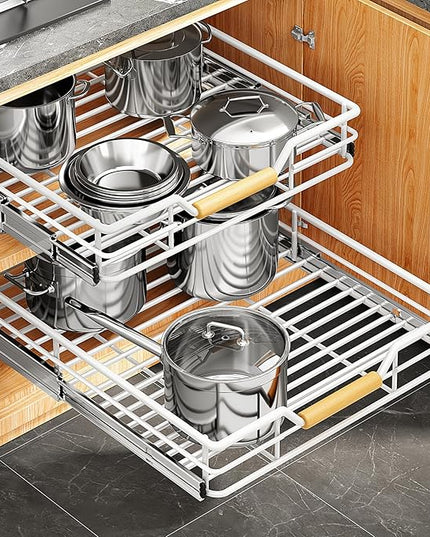 Pull out Cabinet Organizer, 12"W X 21"D, Heavy Duty Smooth Sliding Under Cabinet Shelves for Pots and Pans, Full-Extension Roll out Drawers, Slide out Organization for Home Kitchen Pantry, White