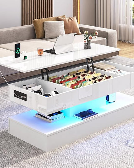 47.2" Large Lift Top Coffee Table,Modern High Glossy LED Coffee Tables for Living Room with Storage Drawer,White Living Room Tables for Livingroom,Dining Room,Bedroom Home Office(White)