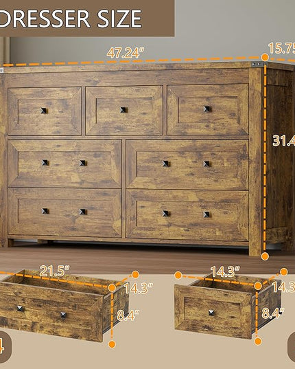 BORNOON 7-Drawer Dresser, Modern Wooden Storage Chest of Drawers, Dresser TV Stand, Wood Drawer Organizer with Metal Handles for Bedroom, Living Room, Hallway