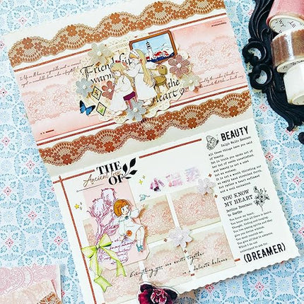 WT Baroque Lace PET Tape Sticker Set, Tape for Scrapbooking, Planners, Junk Journal or Bible Study, Colorful Artist Decorative Craft Tape, Cute Artist Tape (5 Rolls, Each 16.4FT)