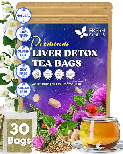 FreshDrinkUS, Premium Liver Herbal Detox Tea – Strong Blend Of Milk Thistle, Hibiscus, Peppermint & Ginger | Fennel, Lemongrass & Orange Peel with Stevia | Vibrant Caffeine-Free Botanical Blend