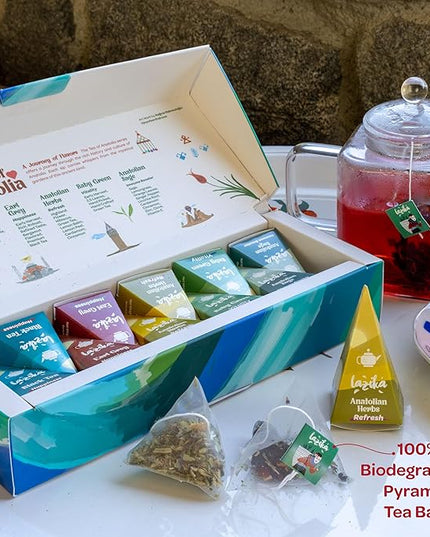 Lazika Tea Variety Pack with Lovely Presentation Box, Black, Green and Herbal Tea Sampler Gift Set, 10 Counts, Premium Collection with Pyramid Infuser Bag, Handcrafted