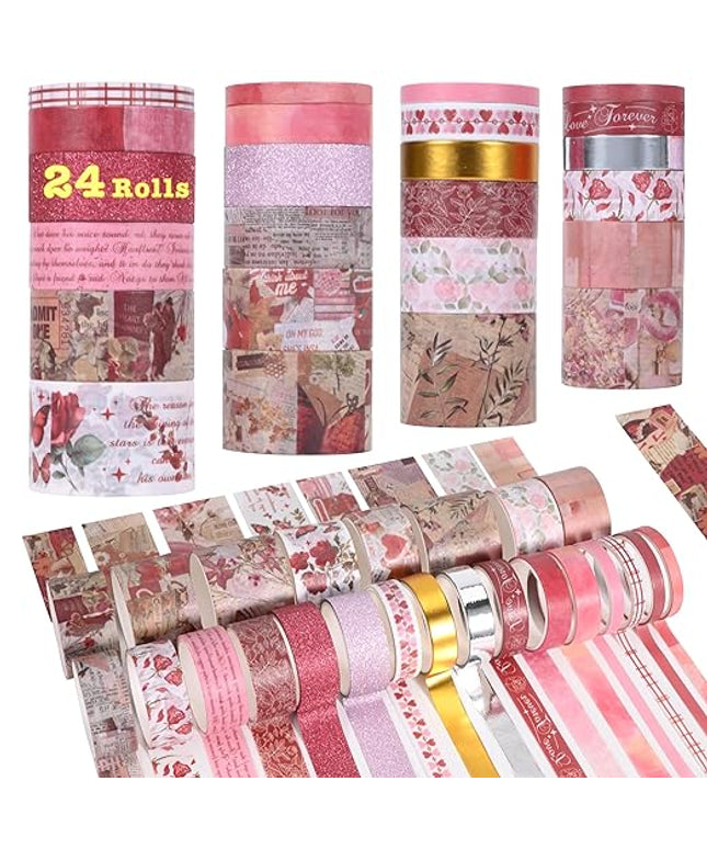 FTTELK 24 Rolls Vintage Washi Tape Set,Glitter Floral Decorative Adhesive Tape for Scrapbooking Supplies,Junk Journal,DIY Crafts,Planners and Gift Wrapping(Romantic Eternal Series)
