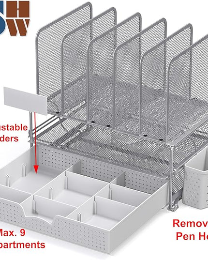 Simple Houseware Mesh Desk Organizer with Sliding Drawer, Double Tray and 5 Upright Sections, Silver