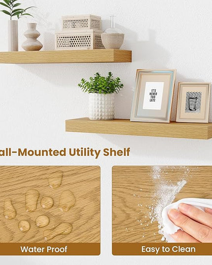 Fun Memories Floating Shelves Set of 2, 24 Inch Floating Shelves for Wall, Wood Wall Shelves with Invisible Brackets, for Bathroom, Bedroom, Living Room, Kitchen, Oak