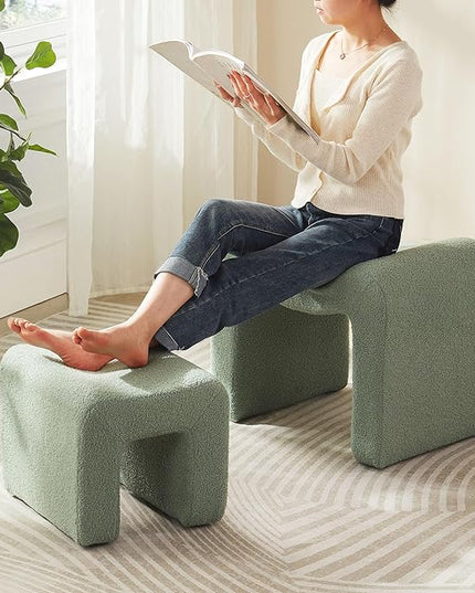 Ottoman Set of 2 Vanity Stool Chair Seating Backless Modern Foot Rest Teddy Velvet Small Footstool Ottoman for Makeup Room Living Room Bedroom Entryway,(2-in-1) Green