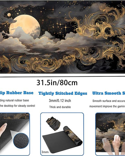 Golden Moon Desk Pad Black Desk Mat XXL Mouse Gaming Pads, Starry Sky Keyboard Pads Extra Large Desktop Computer Mats with Non-Slip Base & Stitched Edges, Vintage Office Decor 31.5" x 15.7"