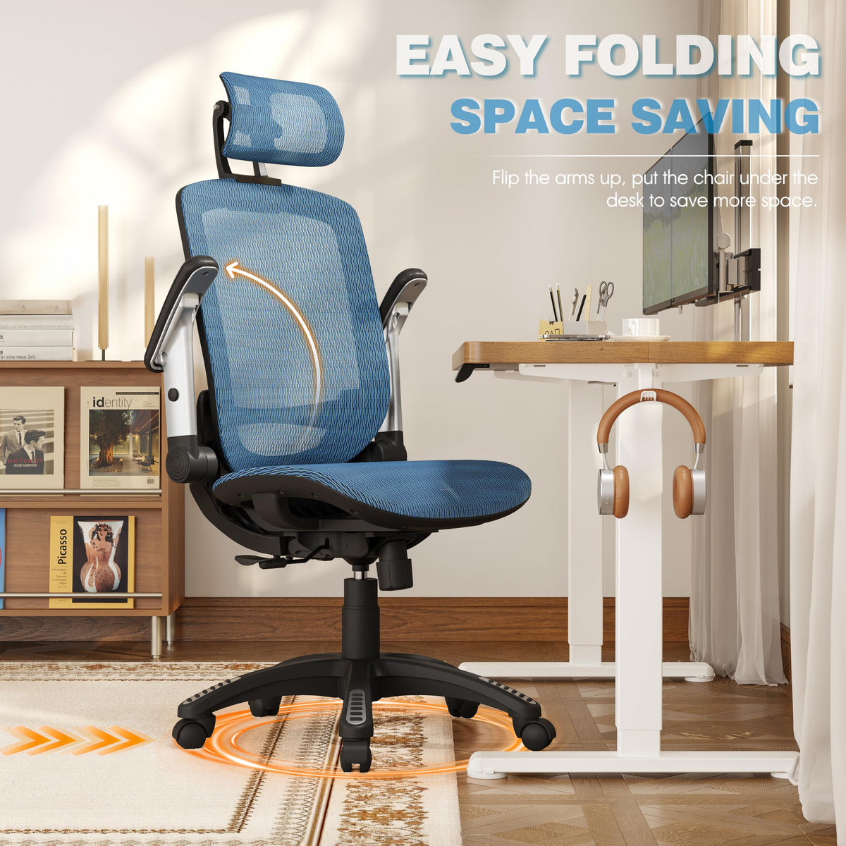GABRYLLY Ergonomic Office Chair, High Back Home Desk Chair with 2D Flip-Up Arms, 3D Headrest, 90-120° Tilt and Wide Cushion, Big and Tall Mesh Chairs for Man Woman, Blue Computer Task Chair