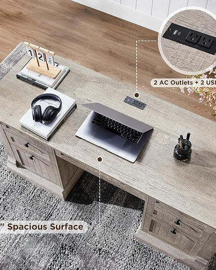 OKD 60" Executive Desk with Drawers, Farmhouse Home Office Desk with Charging Station, Keyboard Tray, File Cabinet Storage, Wood Computer Desk for Work and Study, Light Rustic Oak