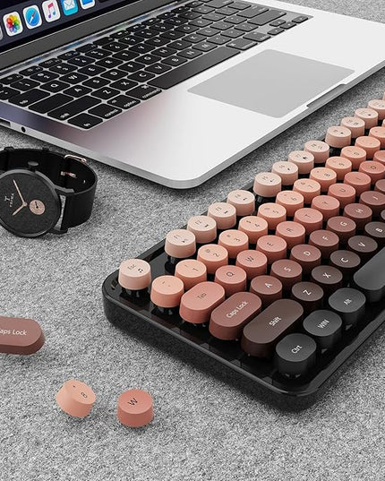 Wireless Keyboard and Mouse Combo, Ergonomic Full Size Typewriter Retro Round Keycaps Keyboard, Compatible with Windows, PC, Perfer for Home and Office Keyboards (Aurora Red)