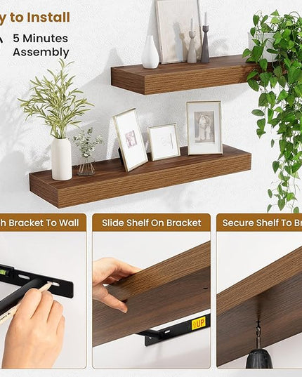 Fun Memories Floating Shelves Set of 2, 24 Inch Floating Shelves for Wall, Wood Wall Shelves with Invisible Brackets, for Bathroom, Bedroom, Living Room, Kitchen, Walnut