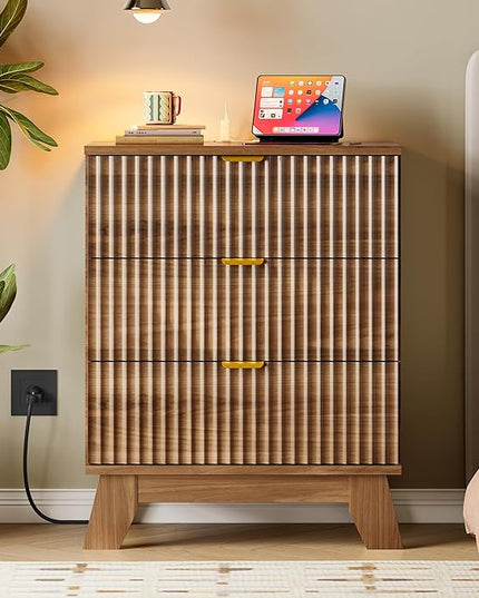 BORNOON 30.5" Nightstand with Charging Station, 3-Drawer Fluted Bedroom Chest, Wood Bedside Dresser with Power Outlets and USB Ports, Stable Base, Modern Storage Cabinet for Small Spaces
