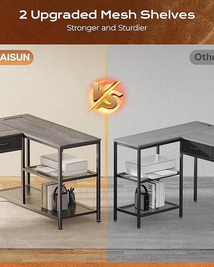 PRAISUN 55 Inch L Shaped Office Desk with Power Outlets and Type-C Port, Large Computer Gaming Desk with 3 Fabric Drawers, Mesh Shelves, Corner Study Work Writing Desk, Grey