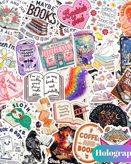 300 PCS Book Stickers for Kindle, Bookish Sticker Pack Reading Glitter Waterproof Vinyl Decals for Laptop, Ebook Readers, Water Bottles, Phone, Journal, Scrapbook, No Repeats (Holographic)