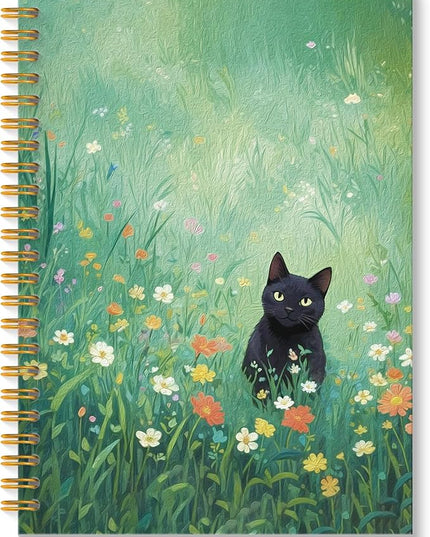 ROXMART Black Cat Wildflower Field Spiral Notebook, Black Cat Gifts Journal, Gifts for Cats Lovers, Rustic Floral Cute Kitty Kitten Hardcover Notebook Journal, 5.5x8.3 Inch