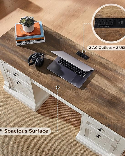 OKD 60" Executive Desk with Drawers, Farmhouse Home Office Desk with Charging Station, Keyboard Tray, File Cabinet Storage, Wood Computer Desk for Work and Study, Antique White