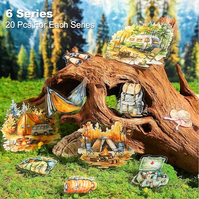 AuriicLeaf Forest Journey Camping PET Stickers, 120 Pcs Outdoor Adventure Ephemera for Scrapbooking, Journaling, DIY Crafting, and Art Supplies