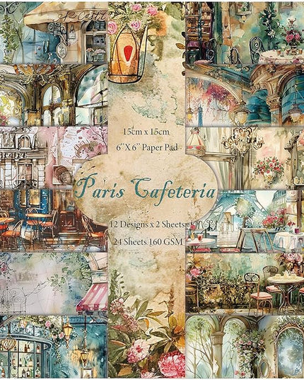 Scrapbook Paper,24 Sheets 6"x 6" Decorative Papers,Single-Sided Vivid Origami Decoupage Paper for Card Making,DIY Album, Hand Account & Travel Diary Craft Projects,Paris Cafeteria