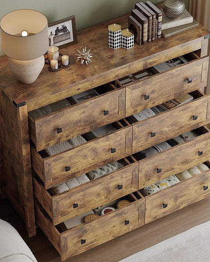 BORNOON Tall 8-Drawer Dresser, Modern Wooden Storage Chest of Drawers, Dresser TV Stand, Wood Drawer Organizer with Metal Handles for Bedroom, Living Room, Hallway