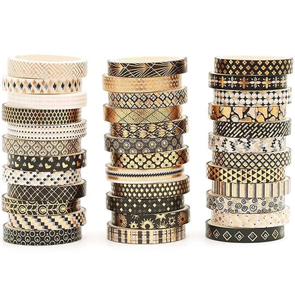 Songdao 36 Rolls Skinny Washi Tape Set Gold Foil Detailing Arts Adhesive Tapes Basic Patterns Decorative Masking Tape Sets for Craft, Kids, Scrapbook, DIY, Gift Wrapping (Black & Gold)
