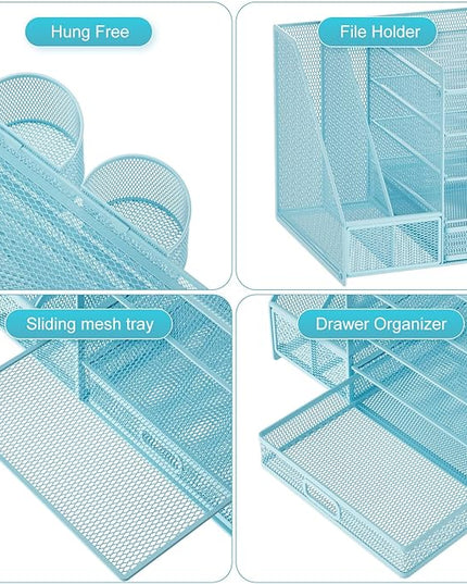 Marbrasse Desk Organizer with File Holder, 5-Tier Paper Letter Tray Organizer with Drawer and 2 Pen Holder, Mesh Desktop Organizer and Storage with Magazine Holder for Office Supplies(Blue)