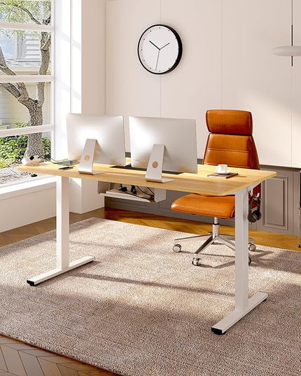 FLEXISPOT EN2 Whole-Piece Standing Desk with Clamp Power Strip, 48 x 30 Electric Stand Up Height Adjustable Desk with Cable Management (White Frame + 48" Maple Top, 2 Packages)