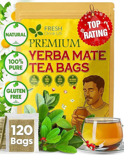 FreshDrinkUS, Yerba Mate Tea Bags | 120 Tea Bags | Traditional South American Herbal Tea – Smooth & Refreshing Flavor – Premium Quality, Sustainably Sourced. Vegan.